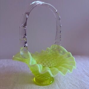 Rare Vintage Fenton Topaz Opalescent Hobnail Basket Mini Vase
